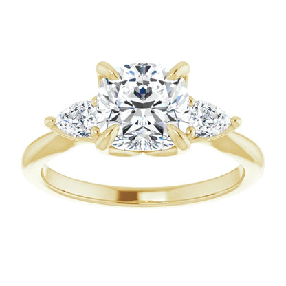 Cushion Yellow Gold Tri -Stone Style Pear Accent Engagement Ring