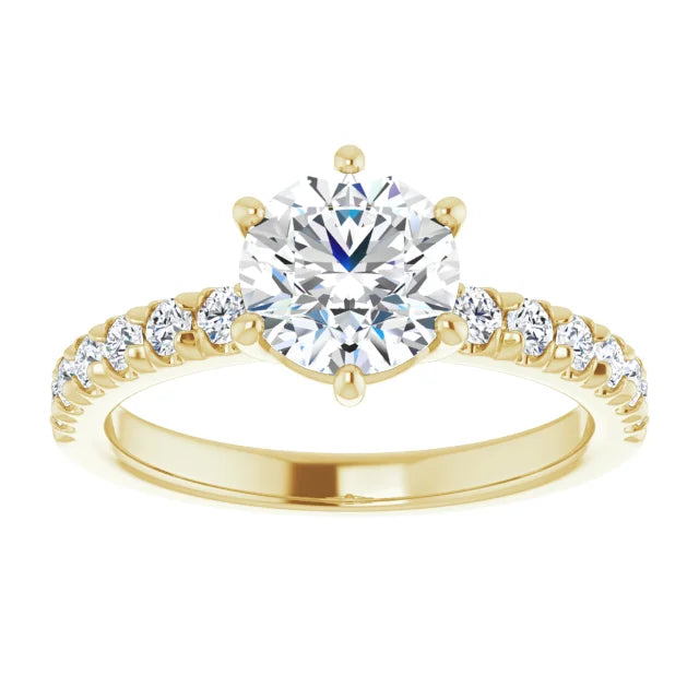 Round Brilliant Six Claw Pave Yellow Gold Engagement Ring 
