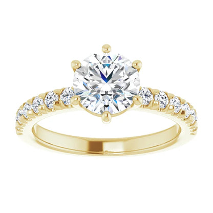 Round Brilliant Six Claw Pave Yellow Gold Engagement Ring 