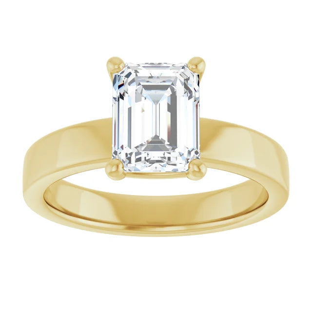 Emerald Yellow Gold Wide Band Solitaire Engagement Ring