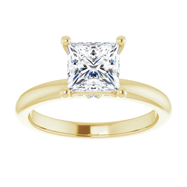 Princess Cut Yellow Gold Low Hidden Halo Solitaire Engagement Ring