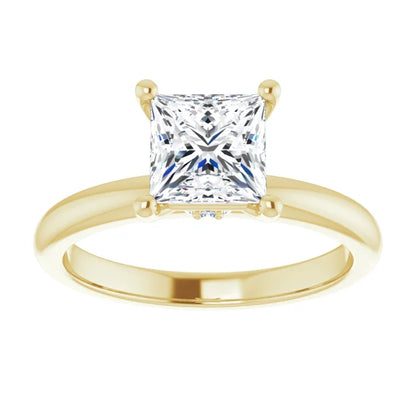 Princess Cut Yellow Gold Low Hidden Halo Solitaire Engagement Ring