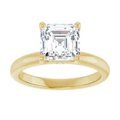Asscher Cut Yellow Gold Low Hidden Halo Solitaire Engagement Ring