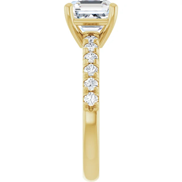 Asscher Four Claw Pave Yellow Gold Engagement Ring 