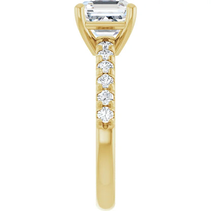 Asscher Four Claw Pave Yellow Gold Engagement Ring 