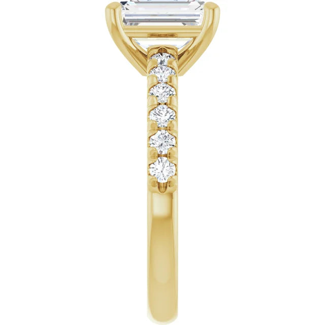 Emerald Four Claw Pave Yellow Gold Engagement Ring 