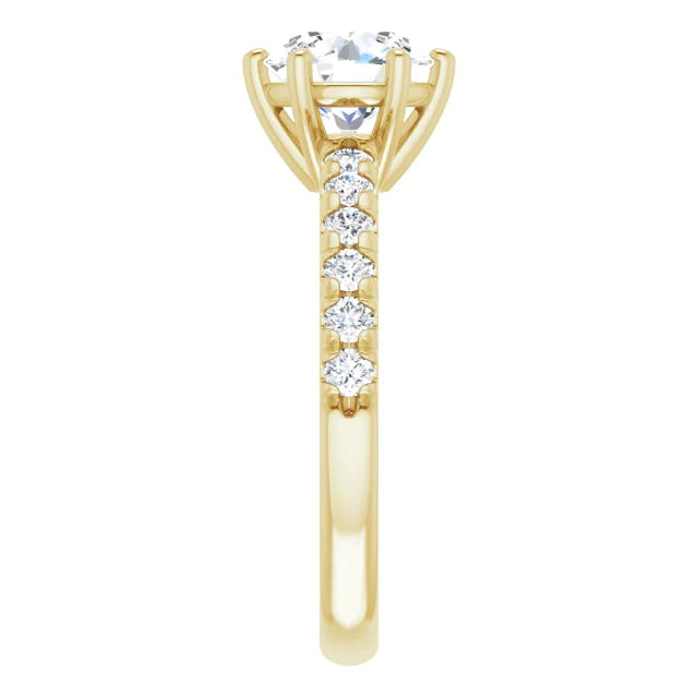 Round Brilliant Six Claw Pave Yellow Gold Engagement Ring 