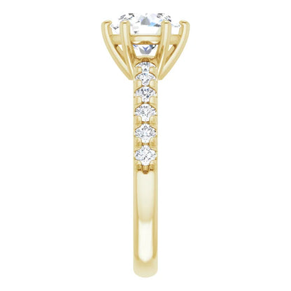 Round Brilliant Six Claw Pave Yellow Gold Engagement Ring 