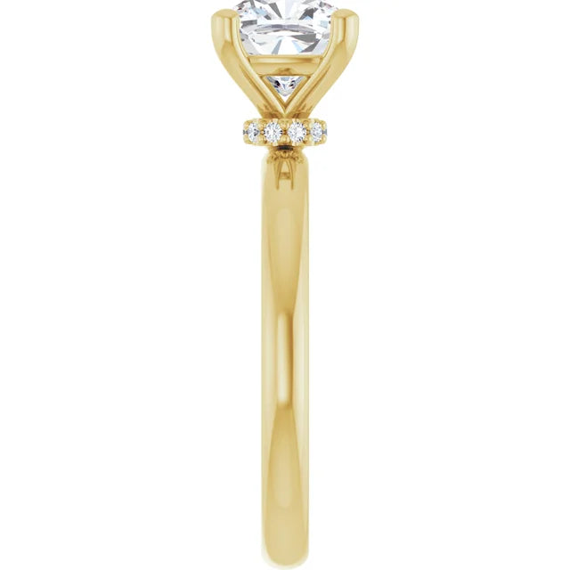 Cushion Cut Yellow Gold Low Hidden Halo Solitaire Engagement Ring