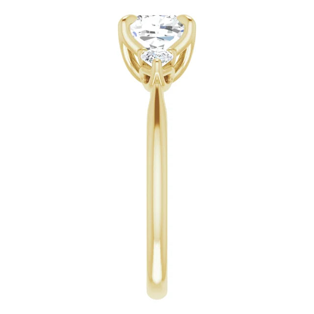 Cushion Yellow Gold Tri -Stone Style Pear Accent Engagement Ring