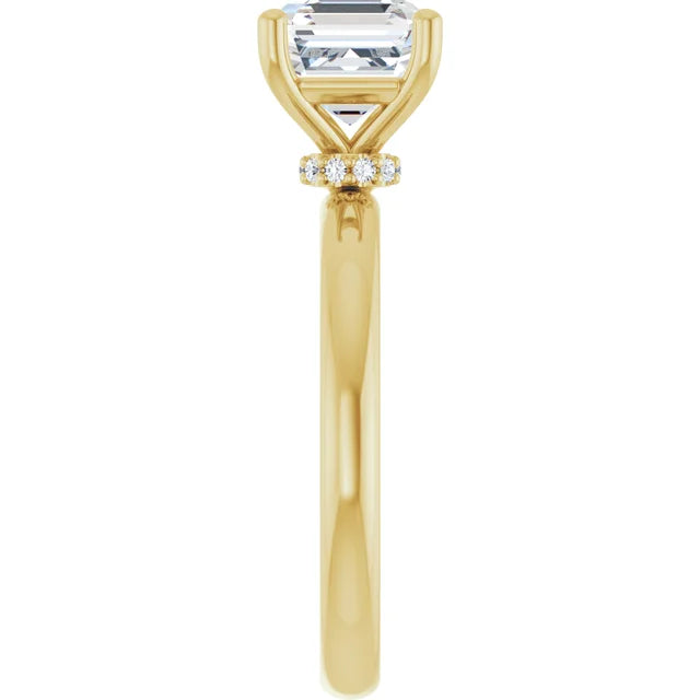 Asscher Cut Yellow Gold Low Hidden Halo Solitaire Engagement Ring