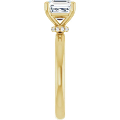 Asscher Cut Yellow Gold Low Hidden Halo Solitaire Engagement Ring