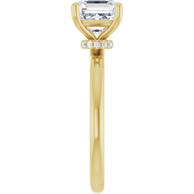 Asscher Cut Yellow Gold Low Hidden Halo Solitaire Engagement Ring