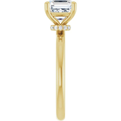 Asscher Cut Yellow Gold Low Hidden Halo Solitaire Engagement Ring