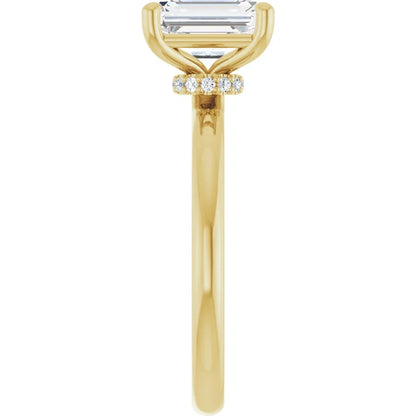 Emerald Cut Yellow Gold Low Hidden Halo Solitaire Engagement Ring