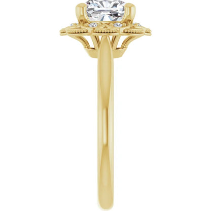 Cushion Yellow Gold Antique Inspired Design Engagement Ring