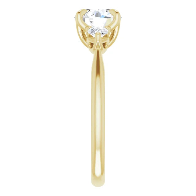 Round Brilliant Yellow Gold Tri -Stone Style Pear Accent Engagement Ring