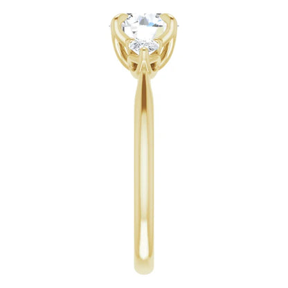 Round Brilliant Yellow Gold Tri -Stone Style Pear Accent Engagement Ring