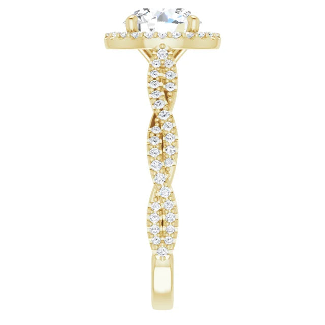 Round Brilliant Yellow Gold Halo Twist Pave Moissanite Engagement Ring 