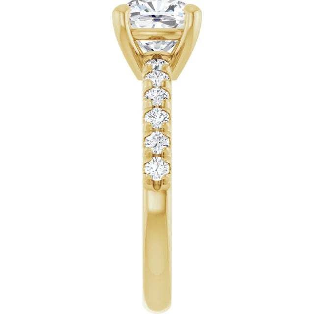Cushion Four Claw Pave Yellow Gold Engagement Ring 