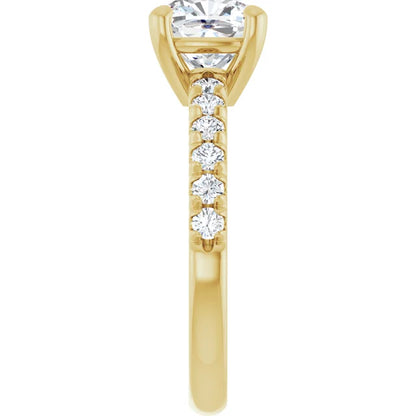 Cushion Four Claw Pave Yellow Gold Engagement Ring 