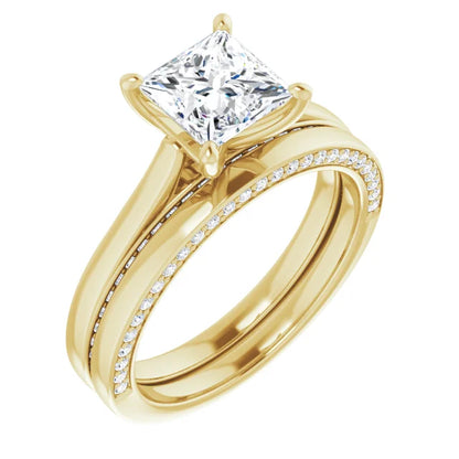 Princess Yellow Gold Solitaire & Hidden Diamond Band Engagement Ring