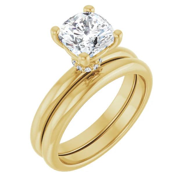 Cushion Cut Yellow Gold Low Hidden Halo Solitaire Engagement Ring