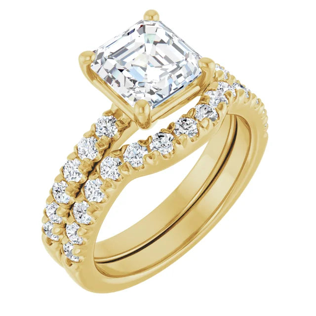 Asscher Four Claw Pave Yellow Gold Engagement Ring 