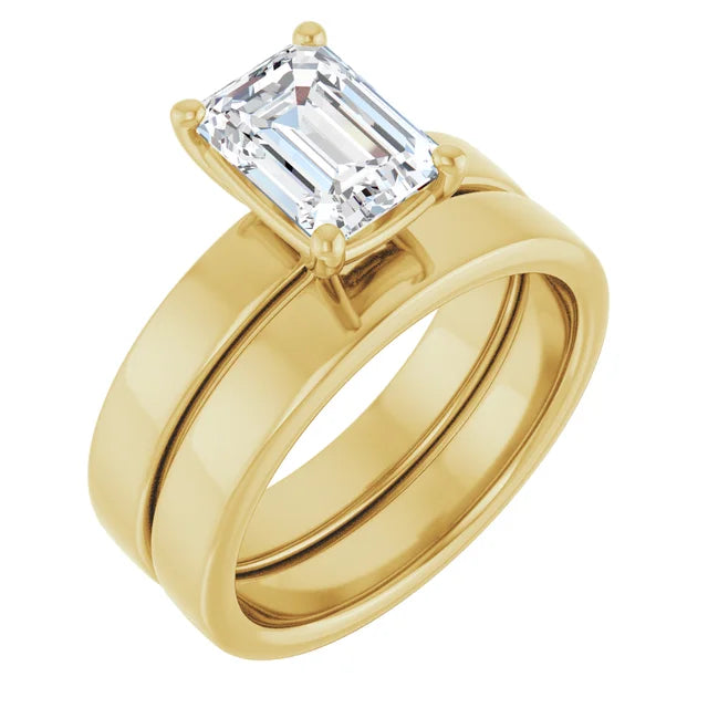 Emerald Yellow Gold Wide Band Solitaire Engagement Ring