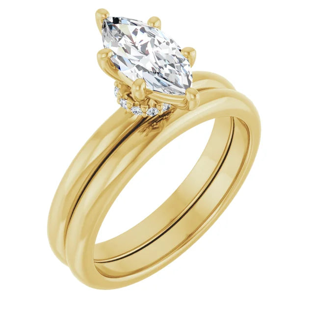 Marquise Cut Yellow Gold Low Hidden Halo Solitaire Engagement Ring