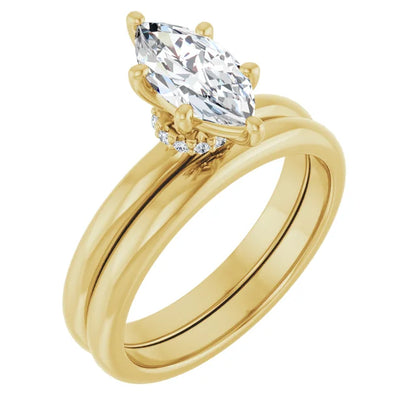 Marquise Cut Yellow Gold Low Hidden Halo Solitaire Engagement Ring