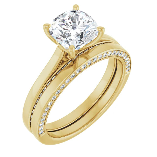 Cushion Yellow Gold Solitaire & Hidden Diamond Band Engagement Ring