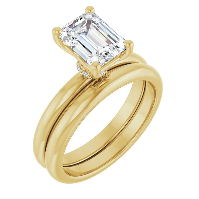 Emerald Cut Yellow Gold Low Hidden Halo Solitaire Engagement Ring