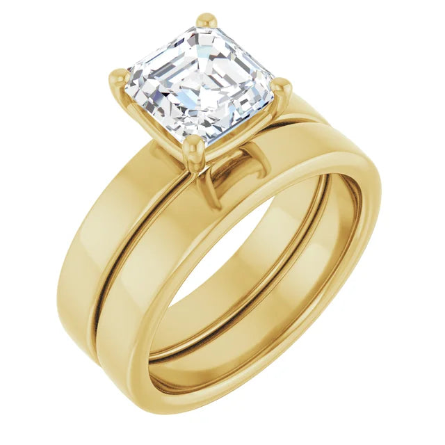 Asscher Yellow Gold Wide Band Solitaire Engagement Ring