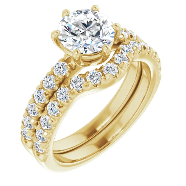 Round Brilliant Six Claw Pave Yellow Gold Engagement Ring 
