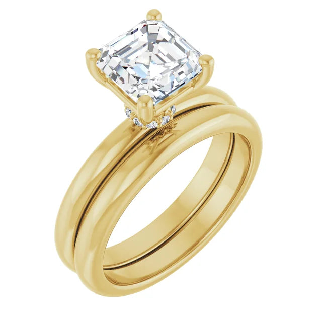 Asscher Cut Yellow Gold Low Hidden Halo Solitaire Engagement Ring