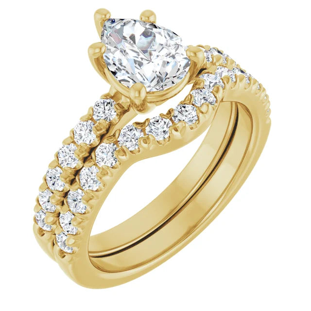 Pear Five Claw Pave Yellow Gold Engagement Ring 