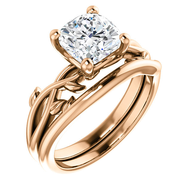 Cushion Solitaire Leaf Design Engagement Ring