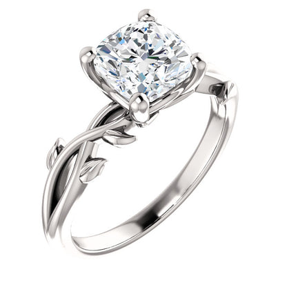 Cushion Solitaire Leaf Design Engagement Ring