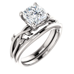 Cushion Solitaire Leaf Design Engagement Ring