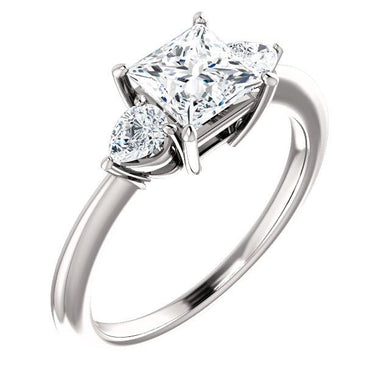 Princess Tri -Stone Style Pear Accent Engagement Ring